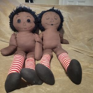 Brown Cloth Rag Doll (Blk Raggedy Ann) with Red & White Striped Legs - Set of 2